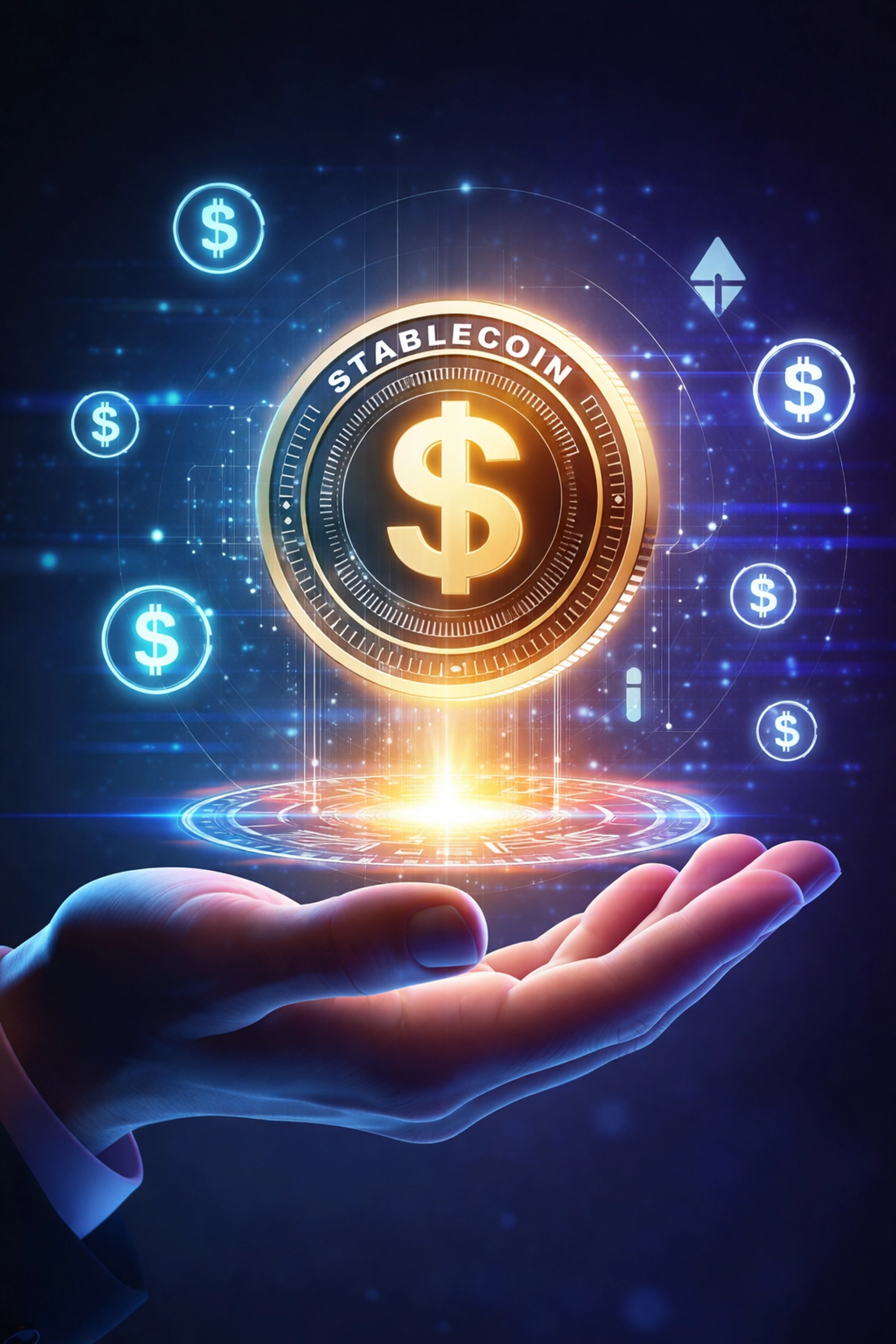 A glowing stablecoin above a hand symbolizing Larecoin LUSD stability in decentralized crypto payments.