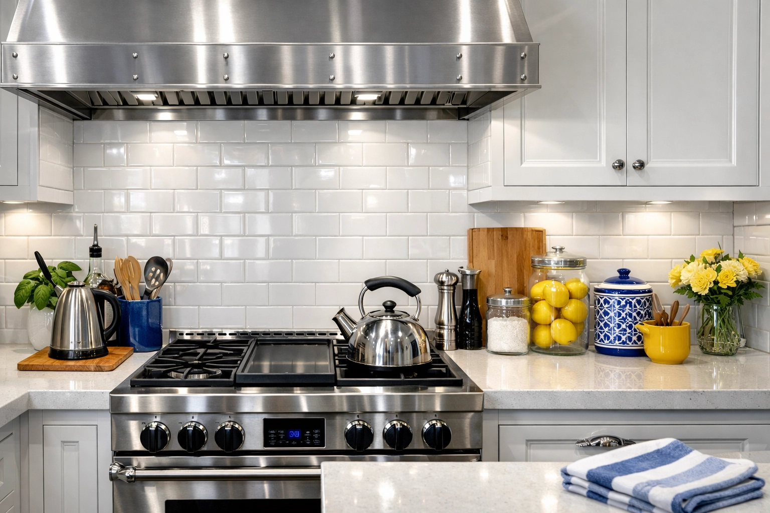 A sparkling gourmet kitchen in Lowell after a professional deep cleaning service featuring pristine surfaces.
