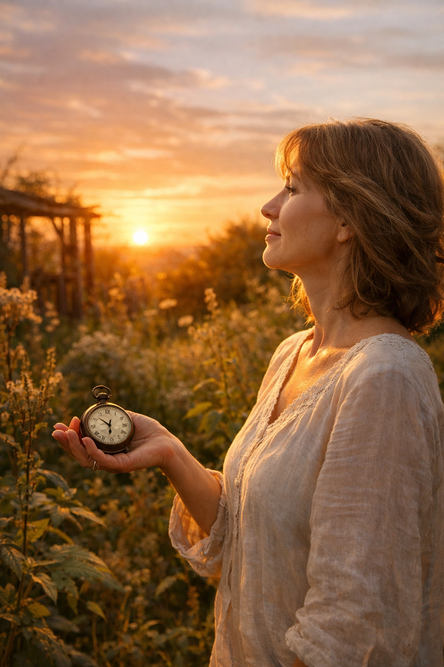 Woman in a sun-drenched garden reflecting on the weight of time while holding a vintage watch.