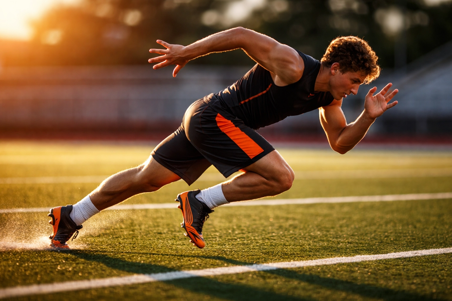 Young football player exploding out of a sprint start on turf field, demonstrating proper sprint mechanics and speed training technique