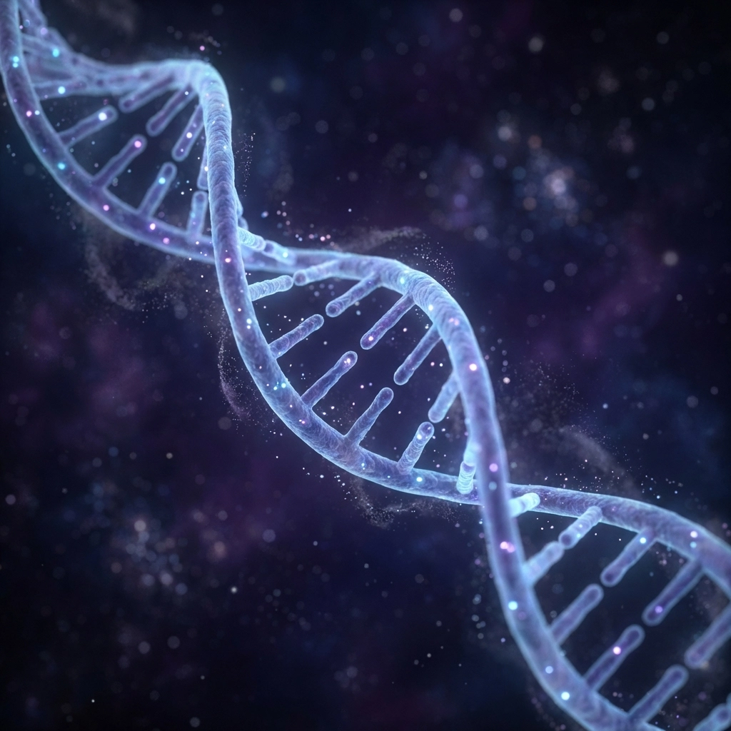 A glowing DNA double helix with epigenetic markers highlights how trauma can be stored and inherited, linking genetics and healing generational trauma.