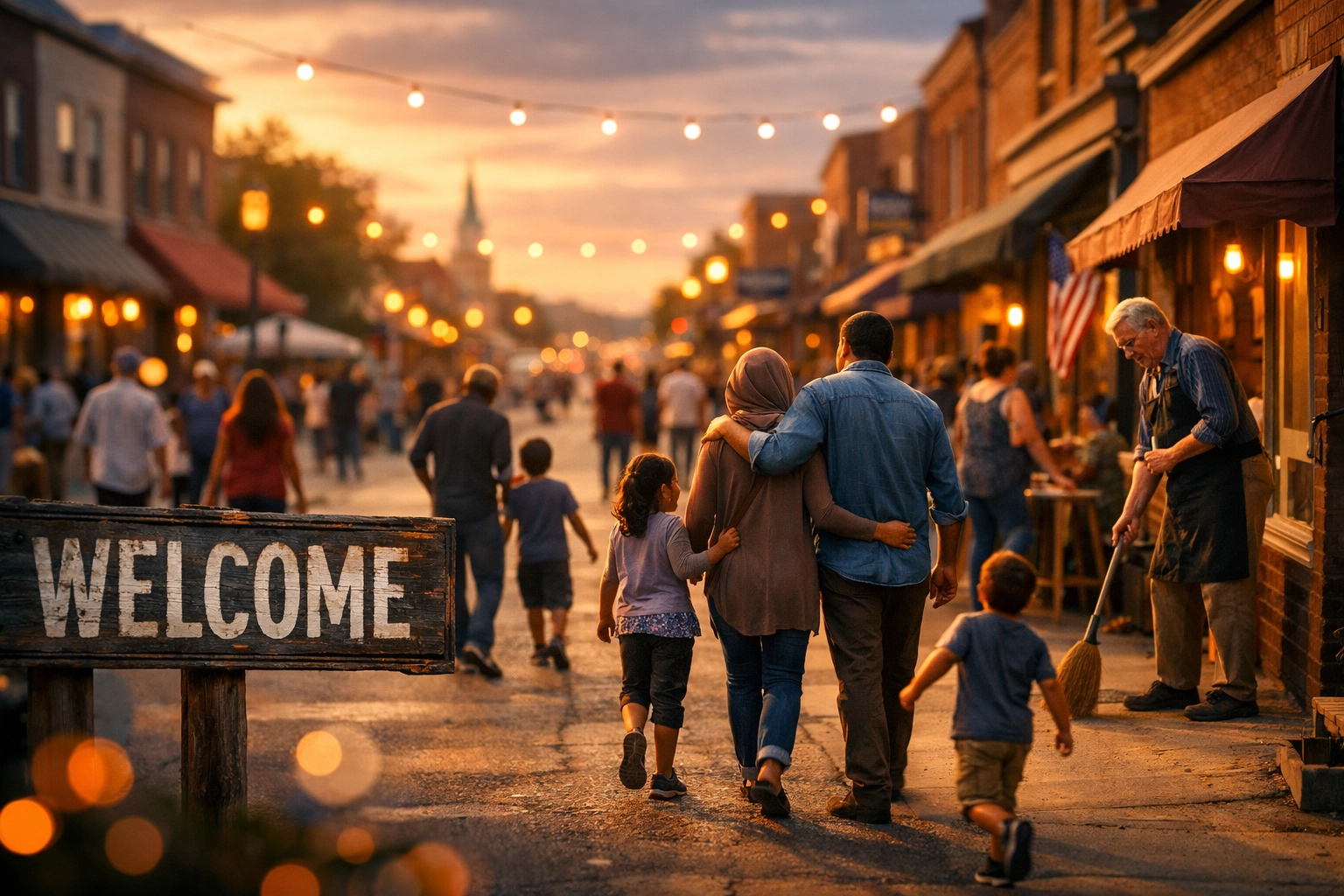 Diverse community gathering on Main Street representing immigration grace and neighborly welcome
