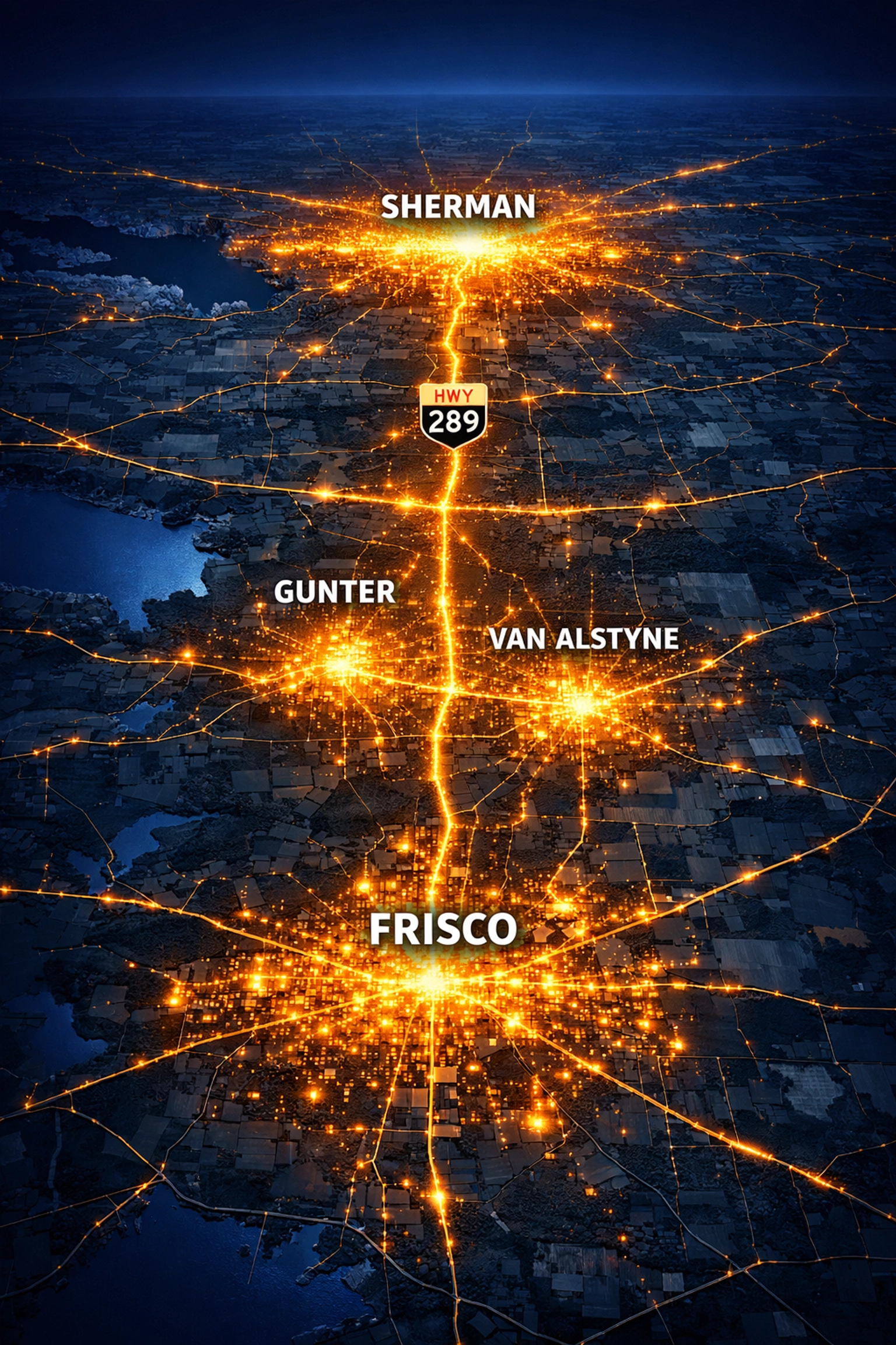 North Texas growth corridor map showing Frisco and Sherman converging near Gunter