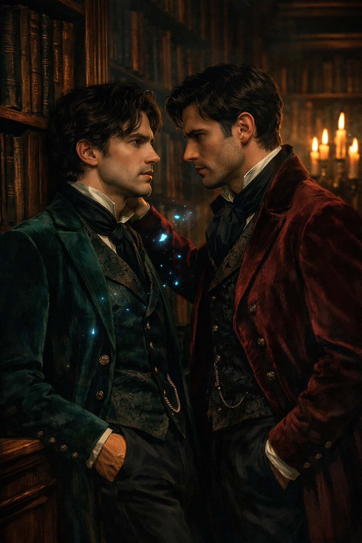 Two men in historical attire sharing a gaze in a library, showcasing the drama of gay fantasy and historical romance.
