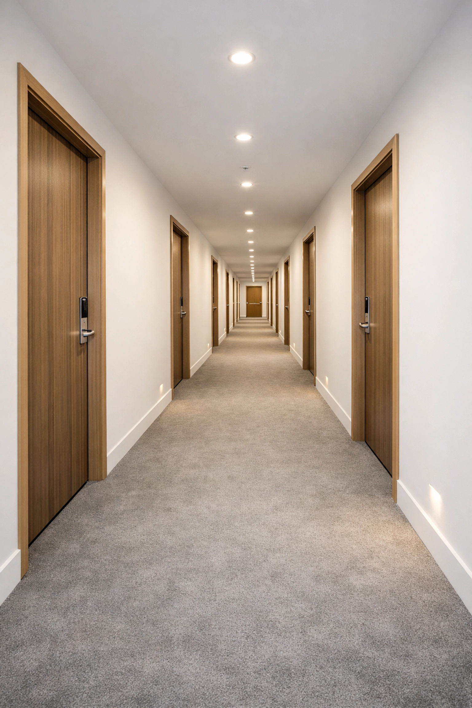 Spotless multi-unit residential hallway in a high-rise building after professional turnover cleaning.