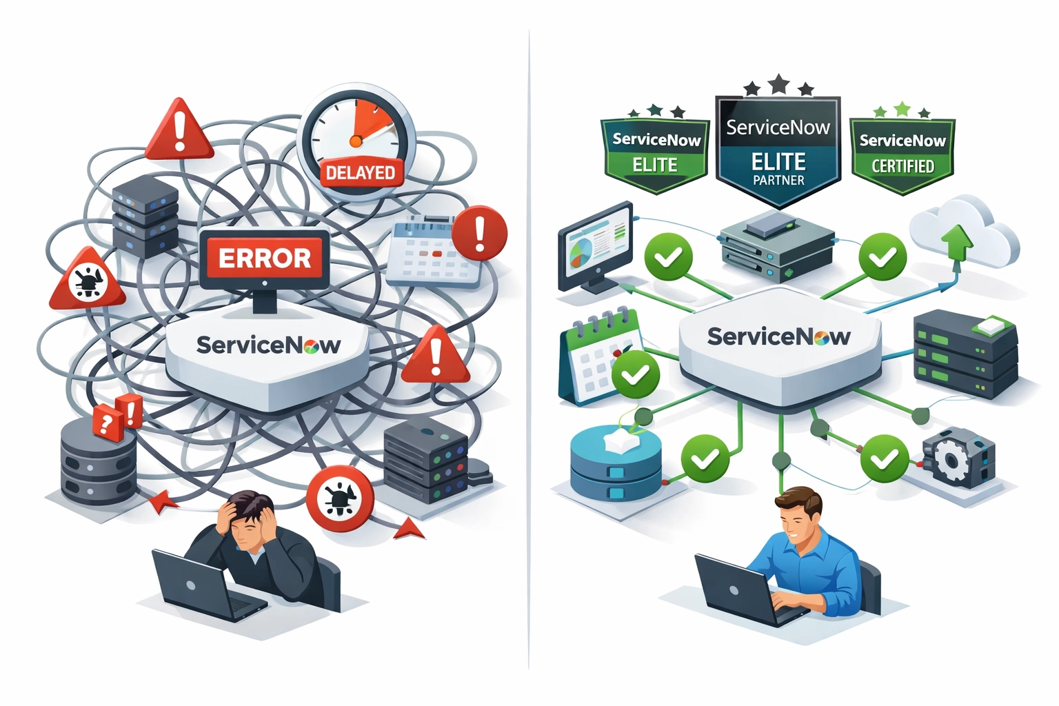 Comparison of failed versus successful ServiceNow implementation partner approaches