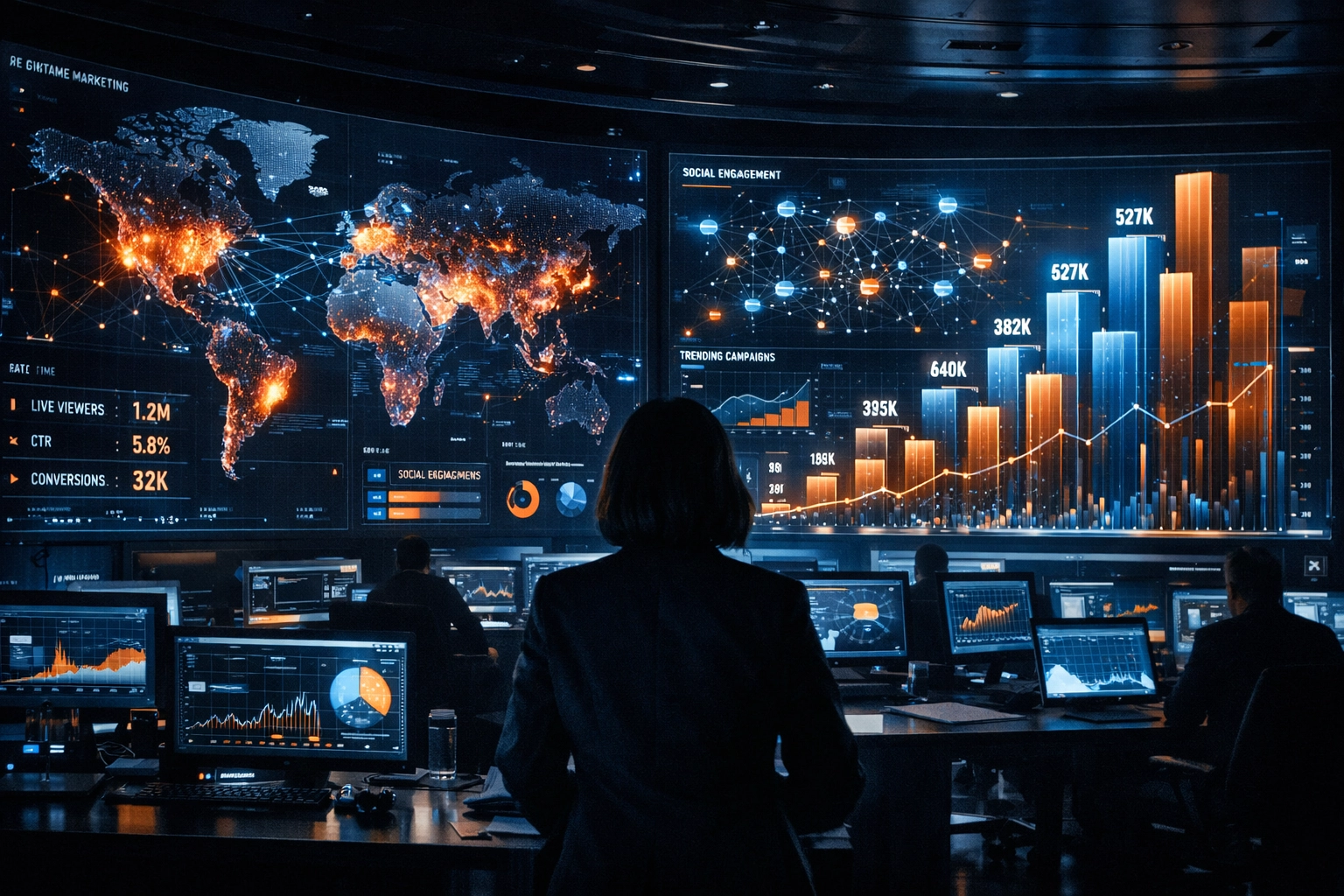 Modern digital marketing command center tracking real-time NIL analytics and athlete campaign data.