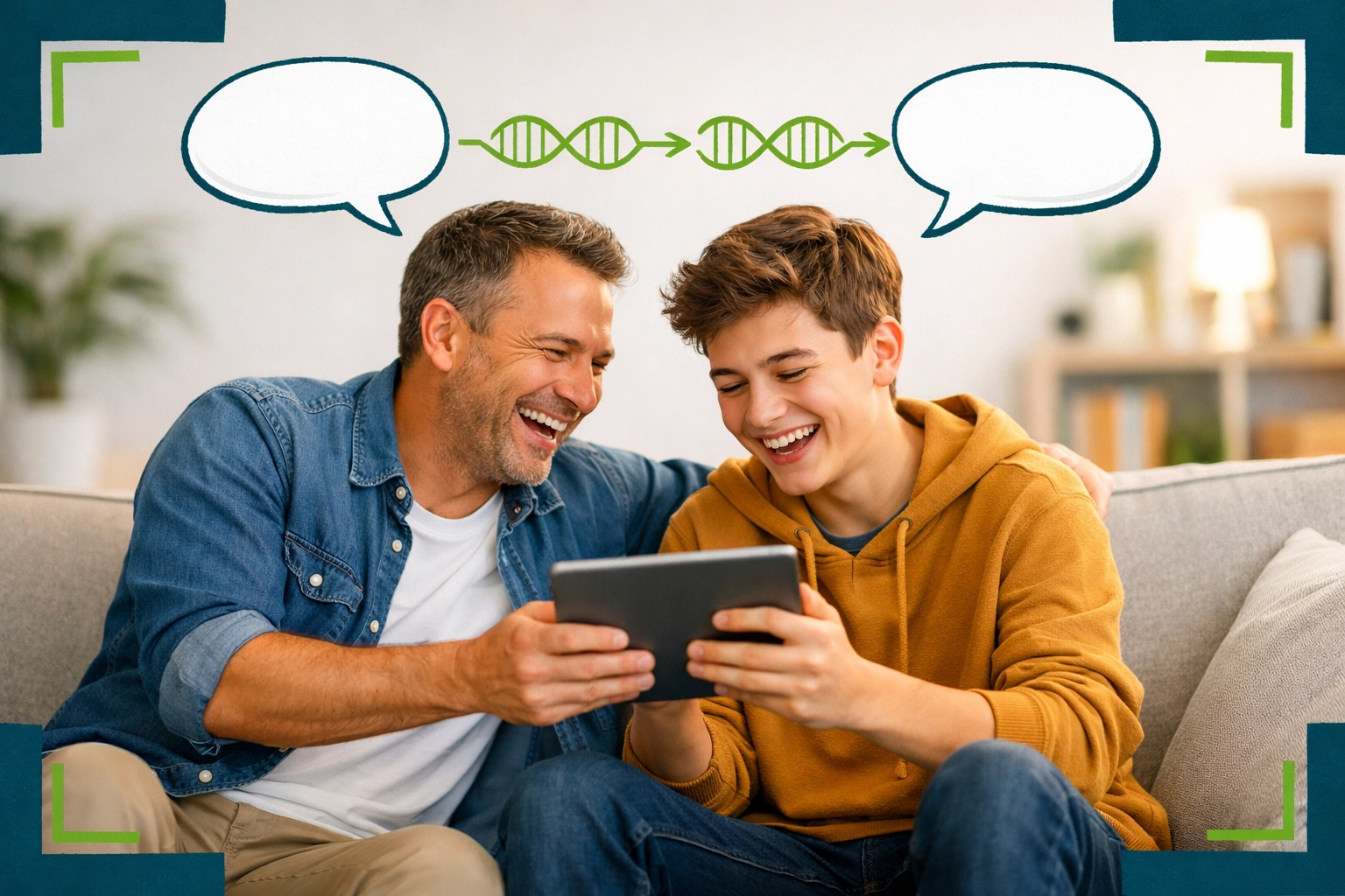 Father and teenage son engaging in open communication while using a tablet for digital life skills.