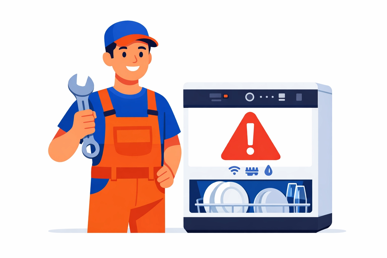 Appliance repair tech fixing a smart dishwasher with an alert on the screen (flat illustration).