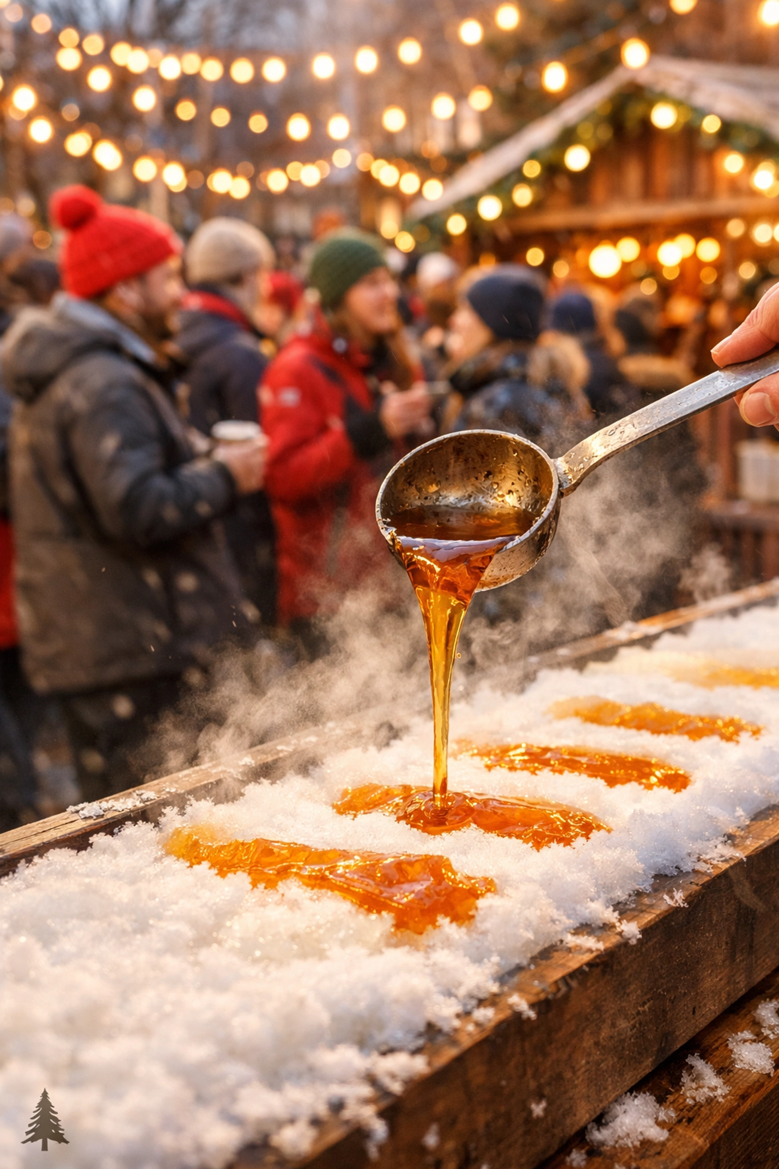 Traditional maple taffy on snow at the Cabane Panache sugar shack festival in Montreal with festive crowds.