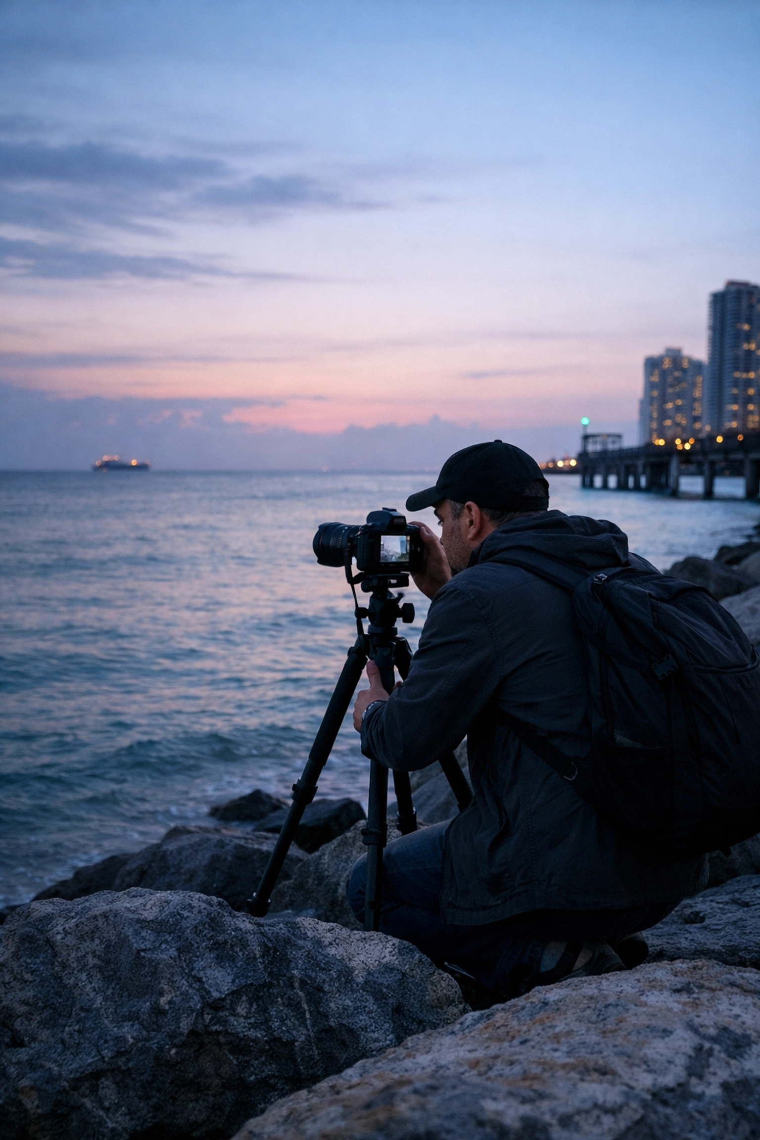 Photographer creating fine art photography prints at sunrise on Miami Beach.