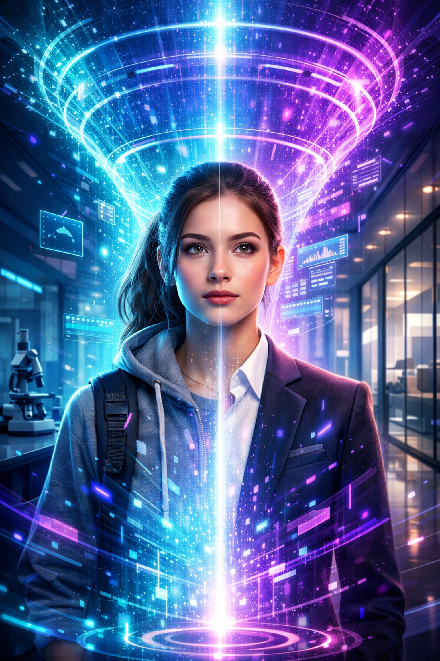 High school student transitioning through a digital talent funnel into a modern workforce environment.