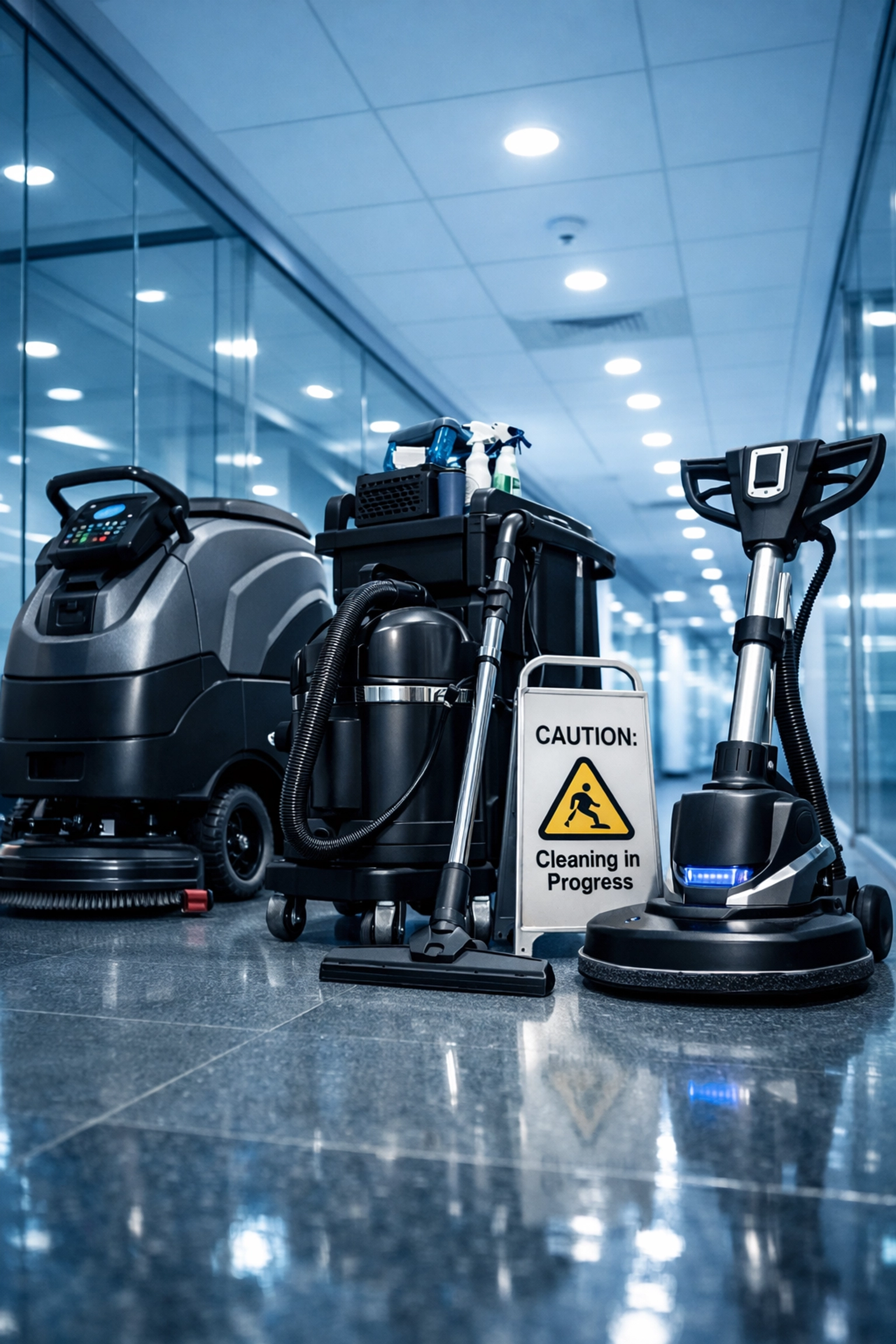 Advanced janitorial equipment in a pristine corporate office corridor in Wilbraham, MA.