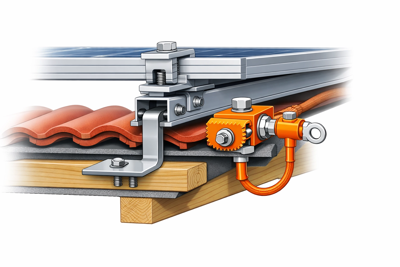 Technisches Schema der PV-Befestigung und Blitzschutz für sichere Solaranlagen.