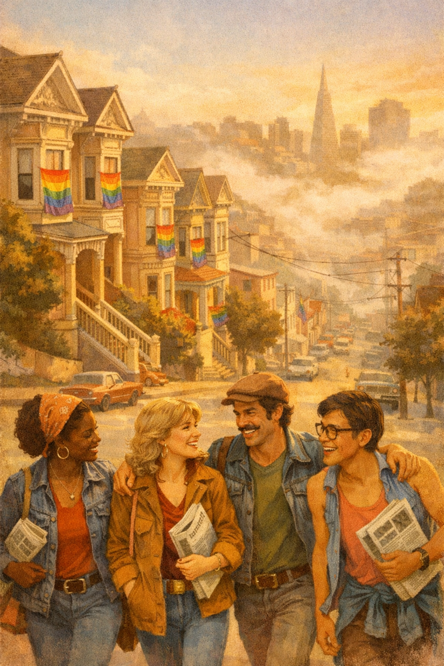 1970s San Francisco LGBTQ+ community walking past rainbow-flagged Victorian houses in morning fog