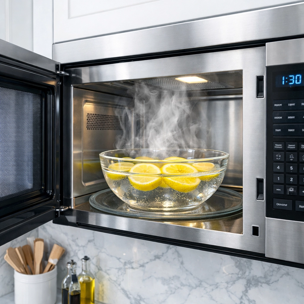 Steaming bowl of lemons in a microwave illustrating a natural kitchen cleaning hack.