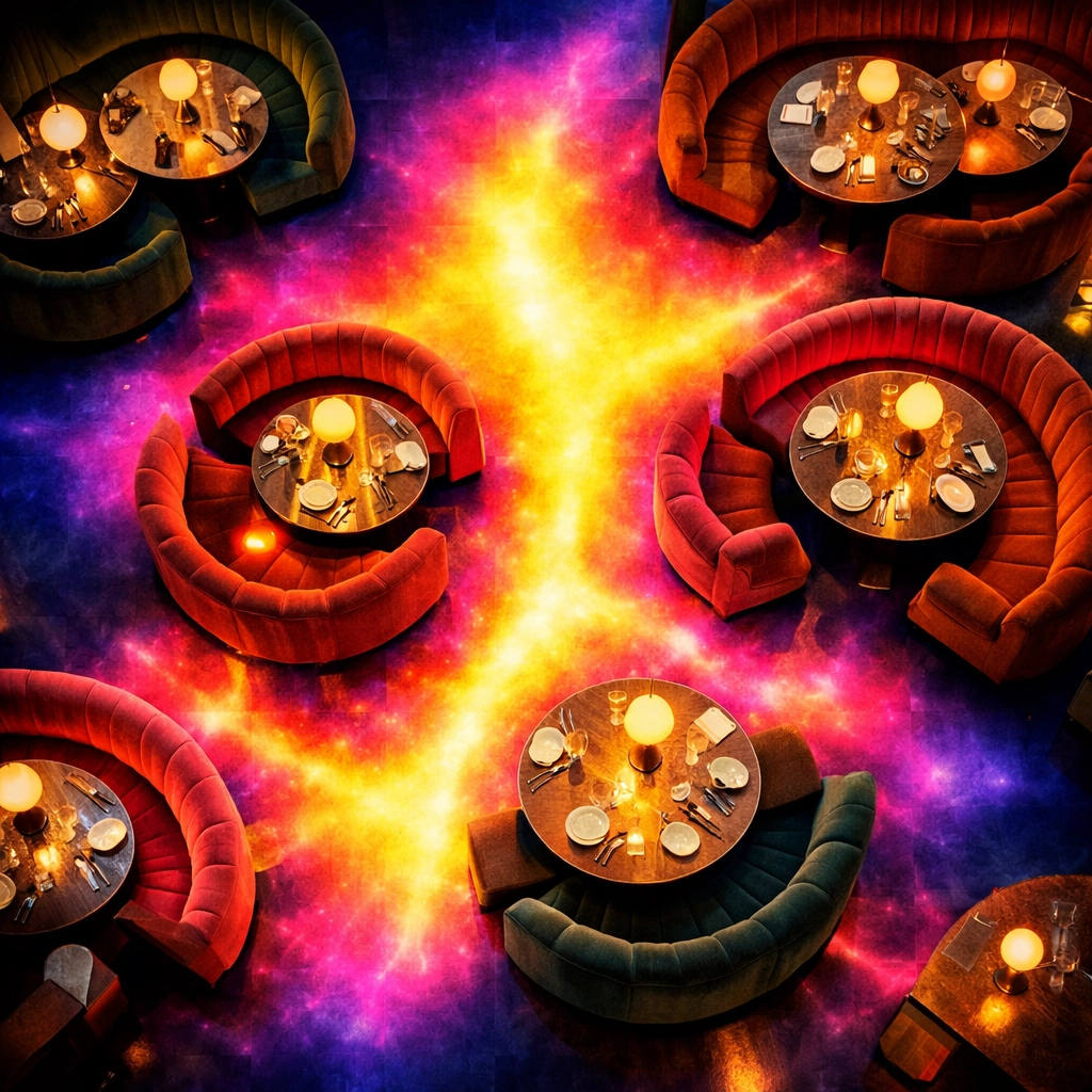 Heat map of a restaurant dining room showing guest traffic patterns and popular seating areas for floor optimization.