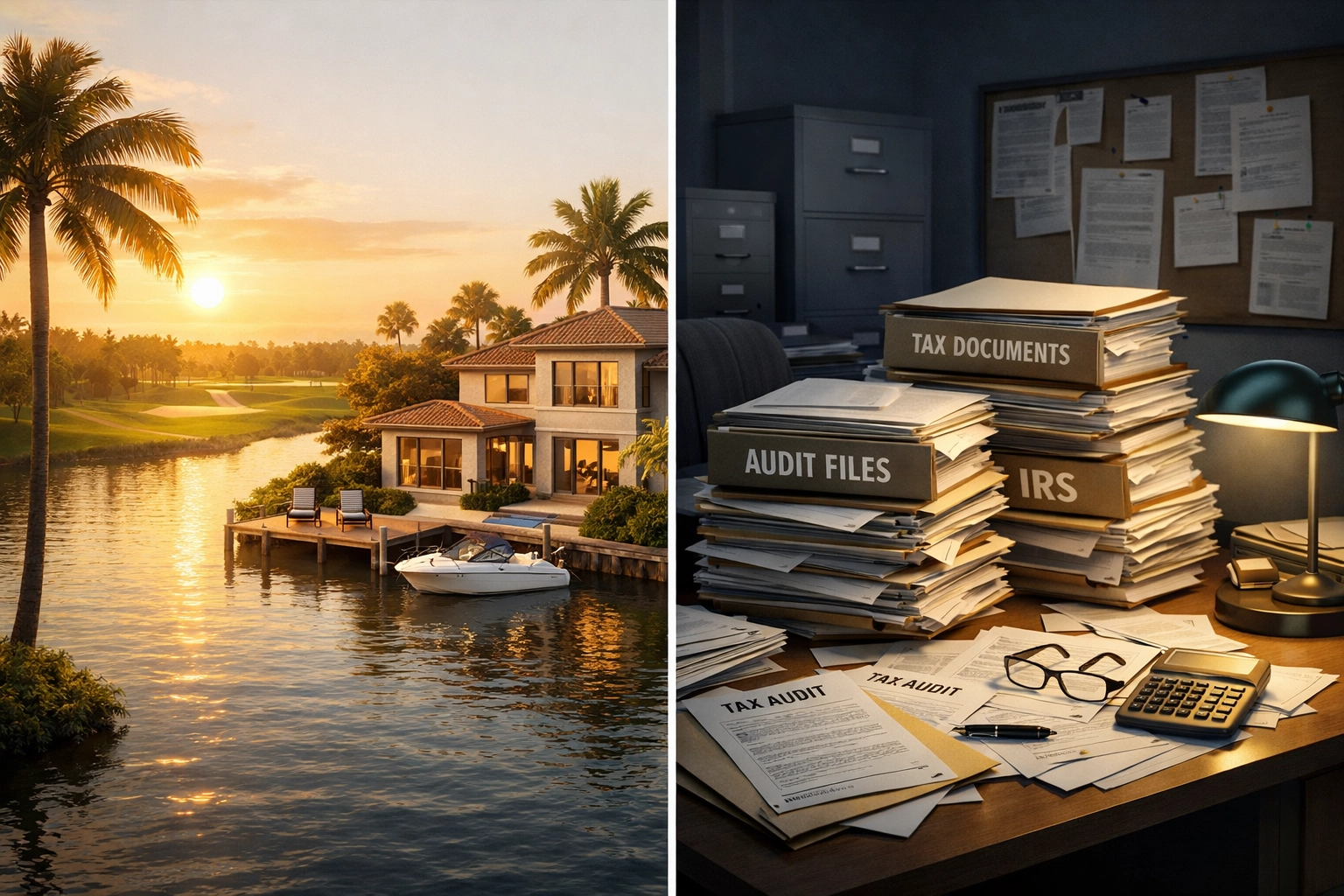 Florida waterfront home contrasted with tax auditor's office showing residency audit challenge