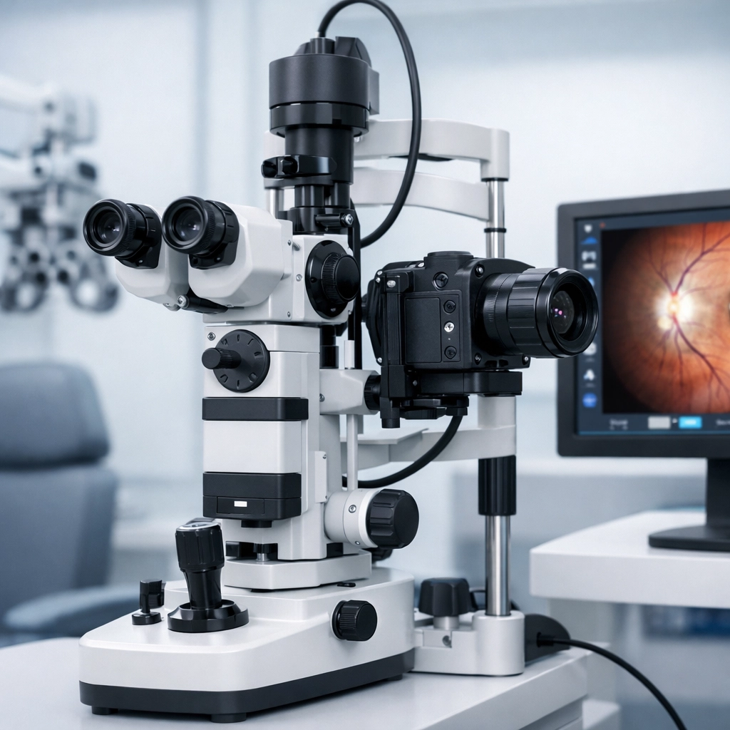 High-tech ophthalmic slit lamp illustrating practice expense RVUs in optometry revenue cycle management.
