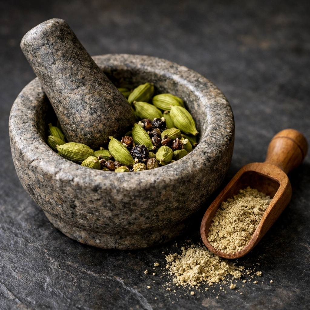 Whole green Alleppey cardamom pods being crushed in a stone mortar and pestle.