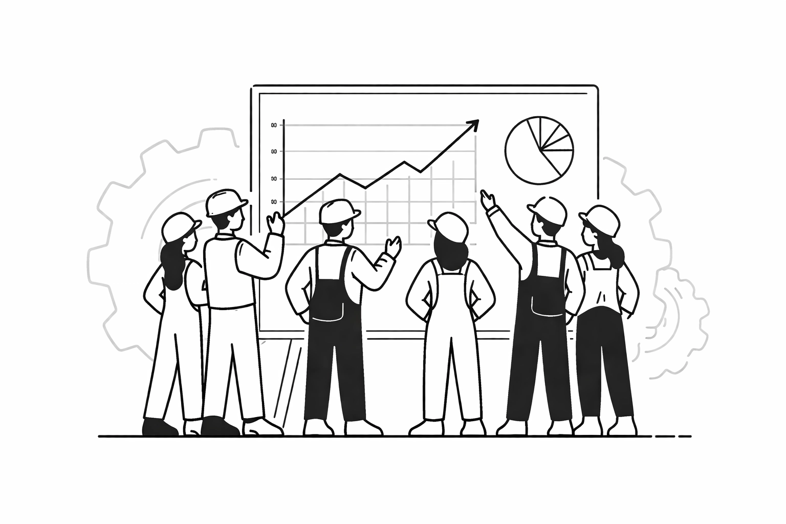 Factory workers gather around a scoreboard reviewing financial data, illustrating open-book management accountability.
