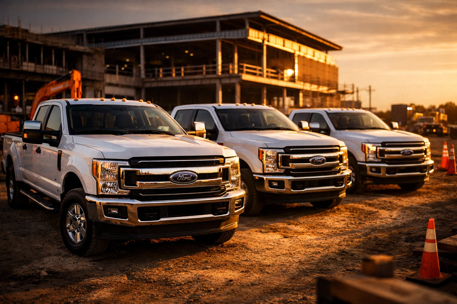 New heavy-duty work trucks representing strategic equipment investment for contractors