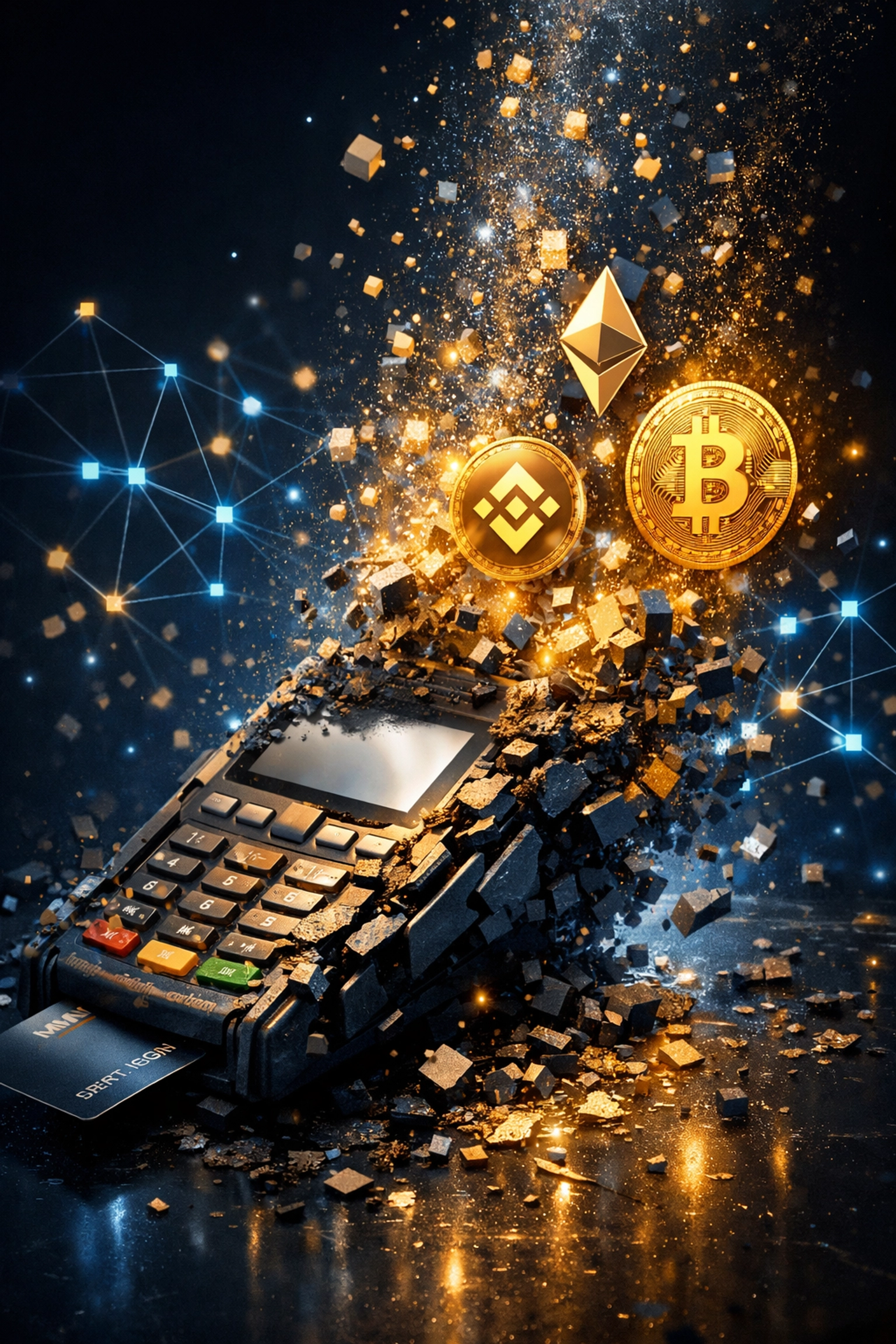 Traditional payment processor terminal transforming into blockchain cryptocurrency tokens