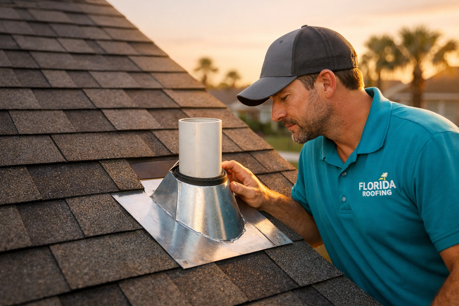 Florida roofing specialist examining metal flashing around roof vent pipe
