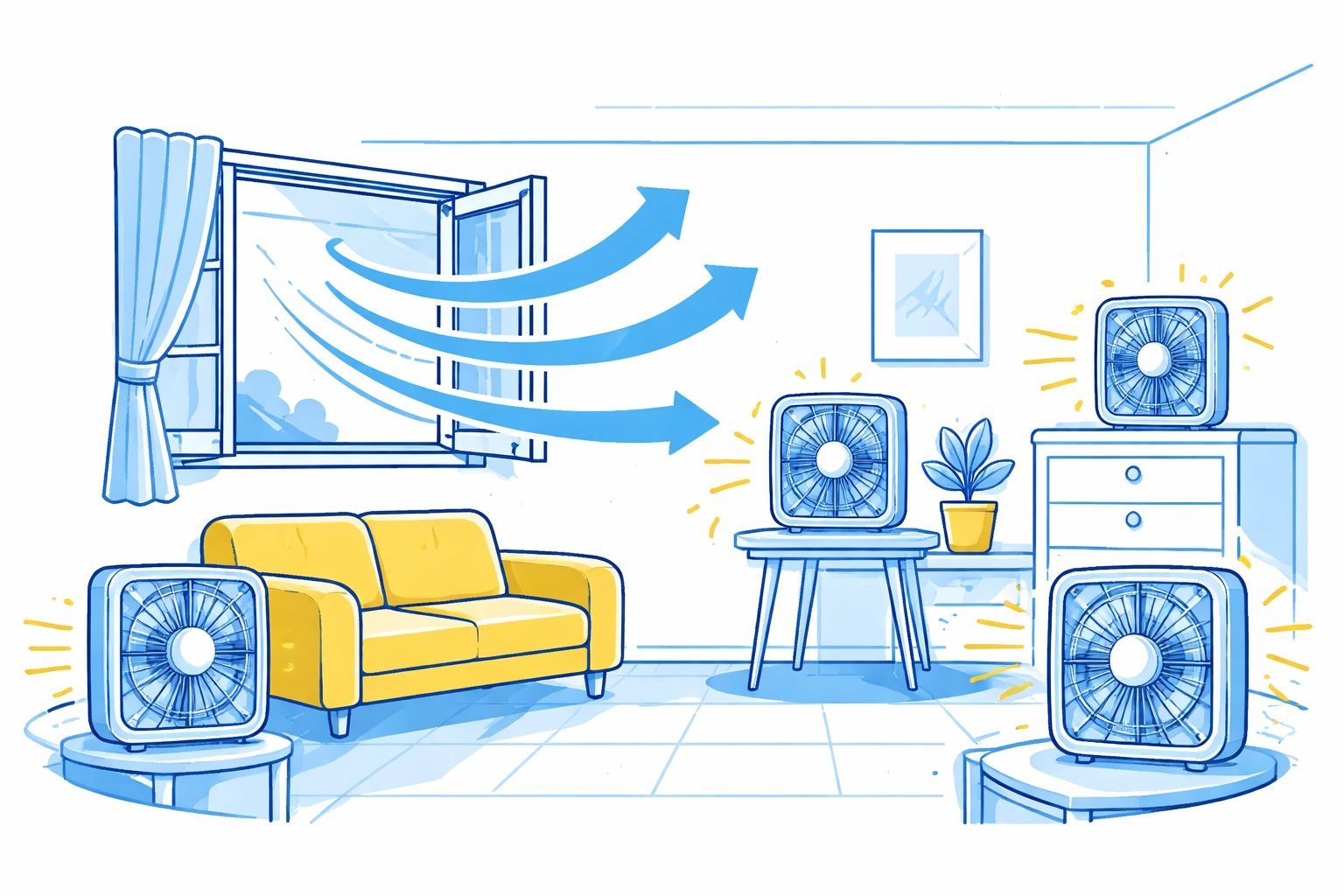 Vector illustration of an airy room with open windows and fans, emphasizing proper ventilation to prevent mold growth after water damage.