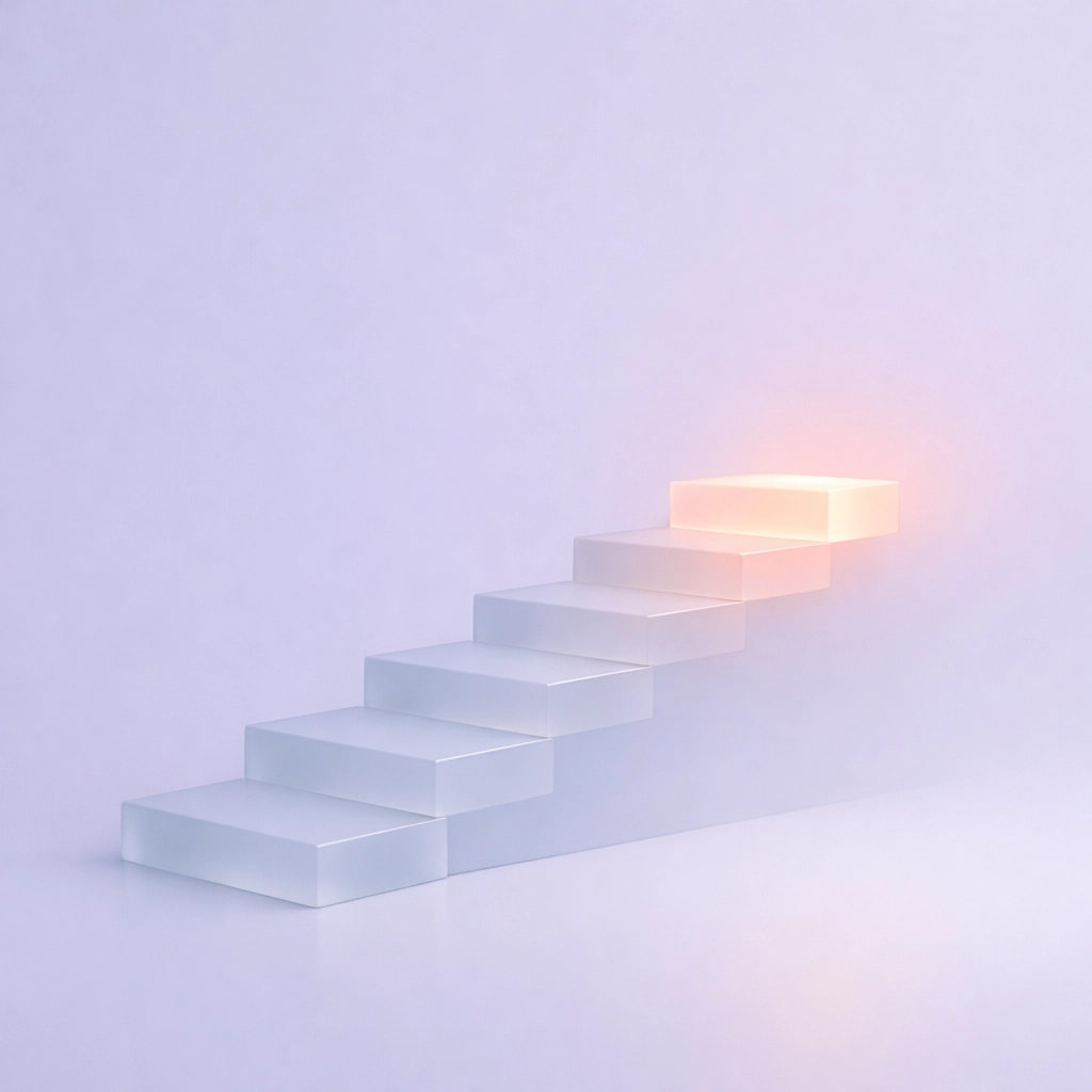 Minimalist steps rising toward glowing light, symbolizing the journey from workplace safety to radical authenticity.