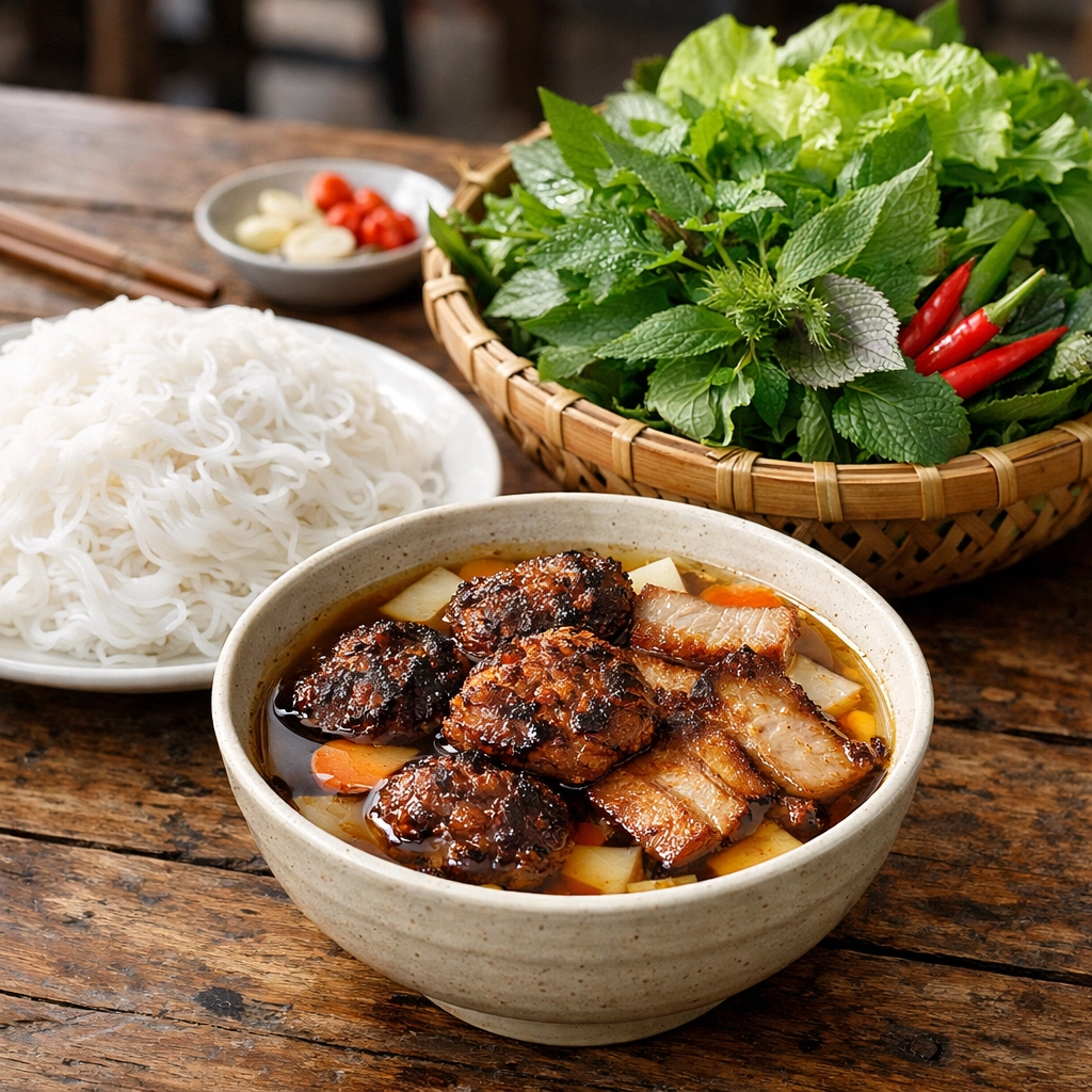 A traditional Bún Chả meal with grilled pork and herbs, one of the best cheap eats in Hanoi.