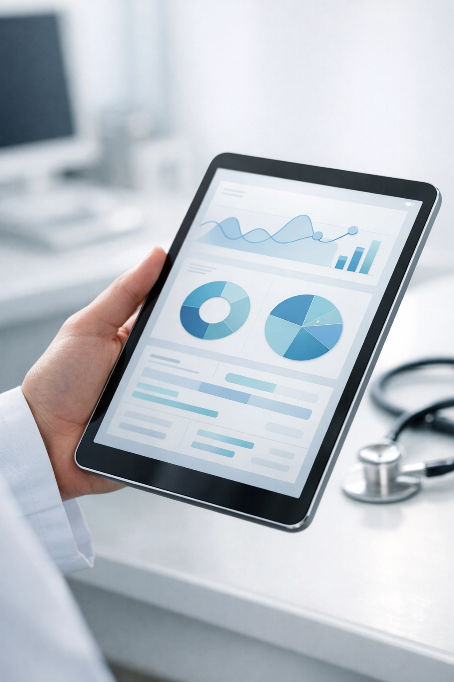 Clinician using clinical documentation improvement software on a tablet for seamless real-time clinical decision support.