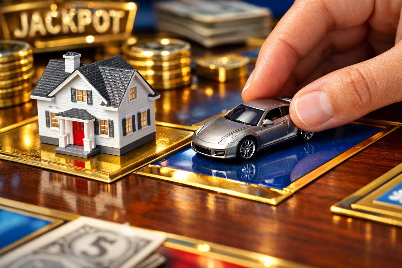 Miniature house and toy car on a board game symbolizing home and auto loan market strategy.