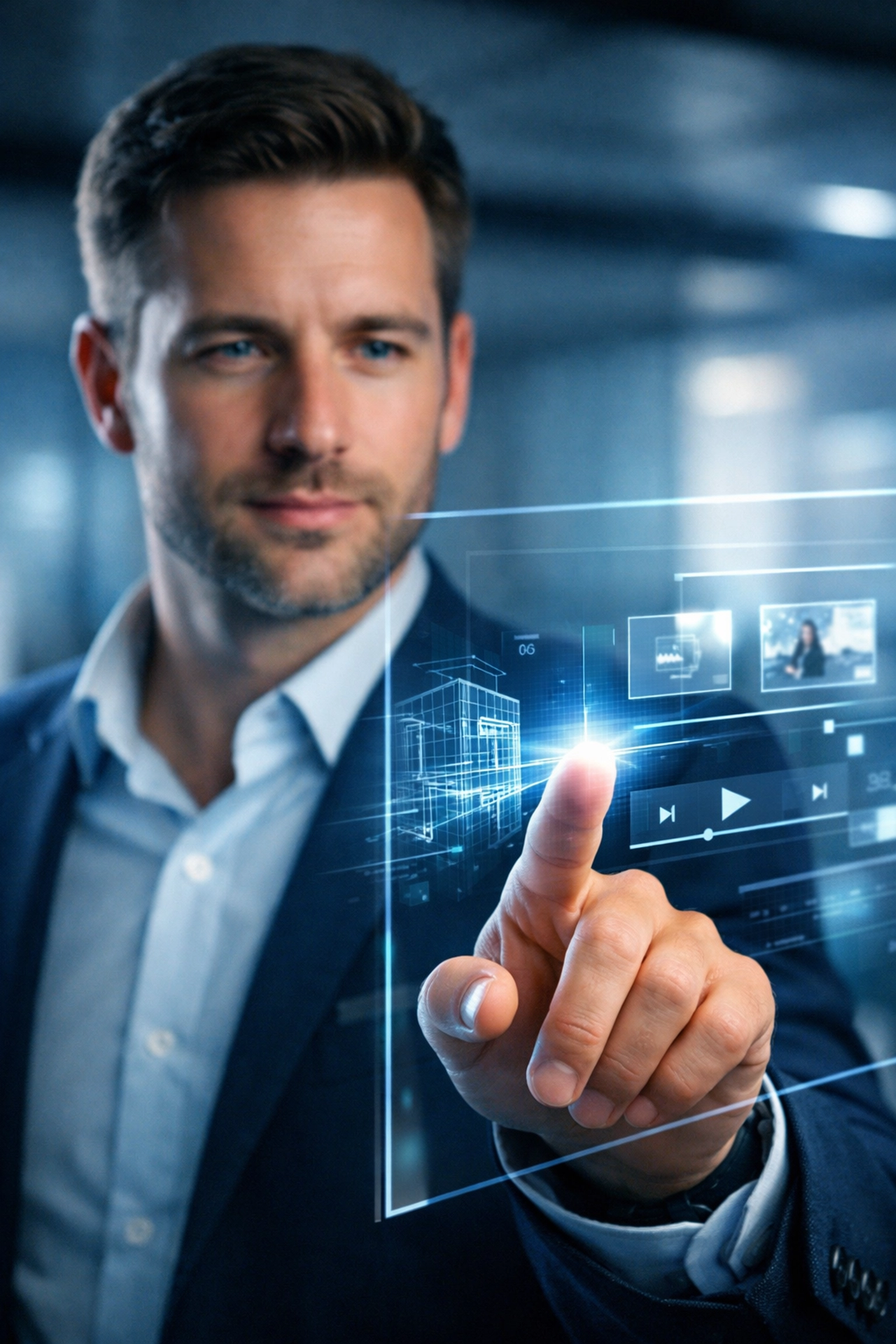 Innovator interacting with a digital interface to develop forward-thinking media solutions for national brand scaling.