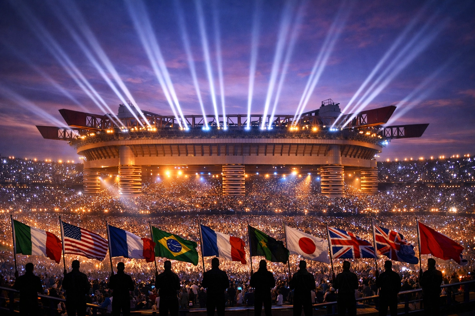 2026 Winter Olympics opening ceremony at San Siro Stadium in Milan with international flags
