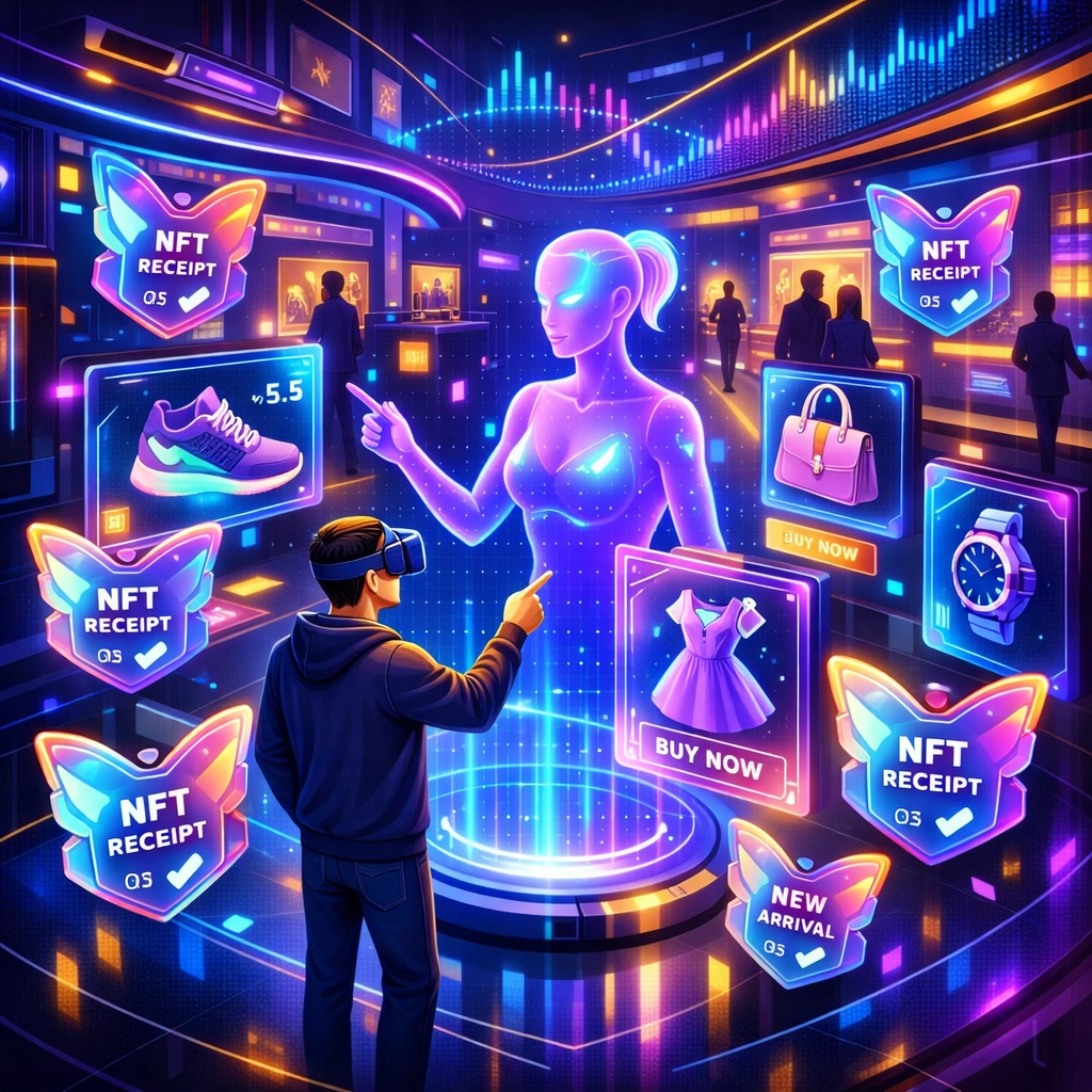 AI assistant helping customer shop in metaverse storefront with NFT receipts and crypto payments