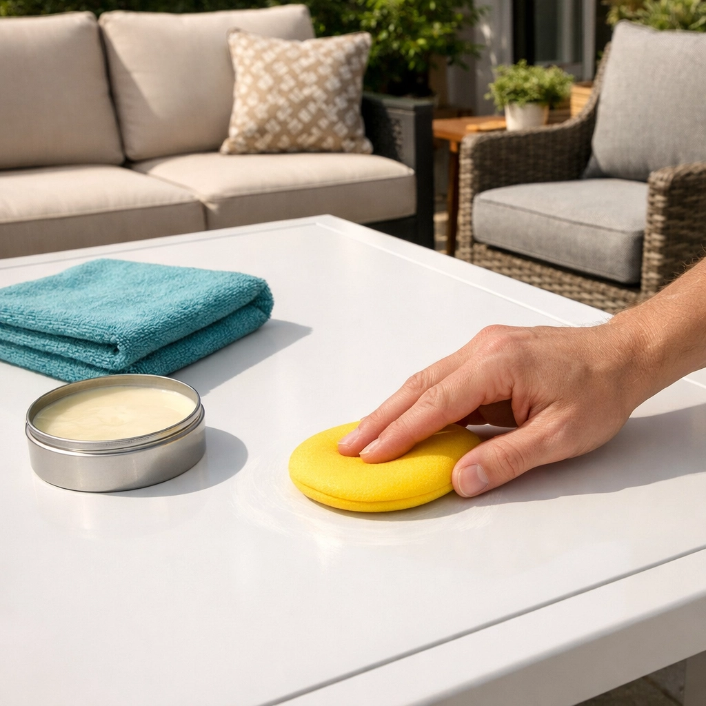 Applying protective wax to aluminum patio furniture to maintain its shine and durability.