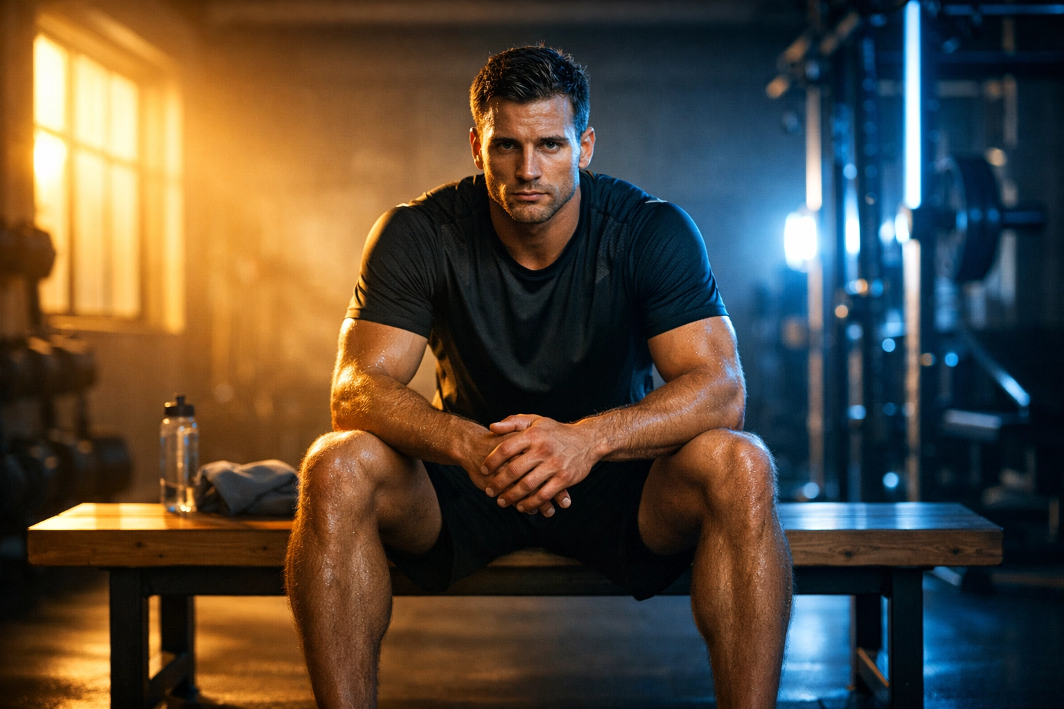 Athlete resting in a gym, illustrating the balance between training intensity and muscle recovery.