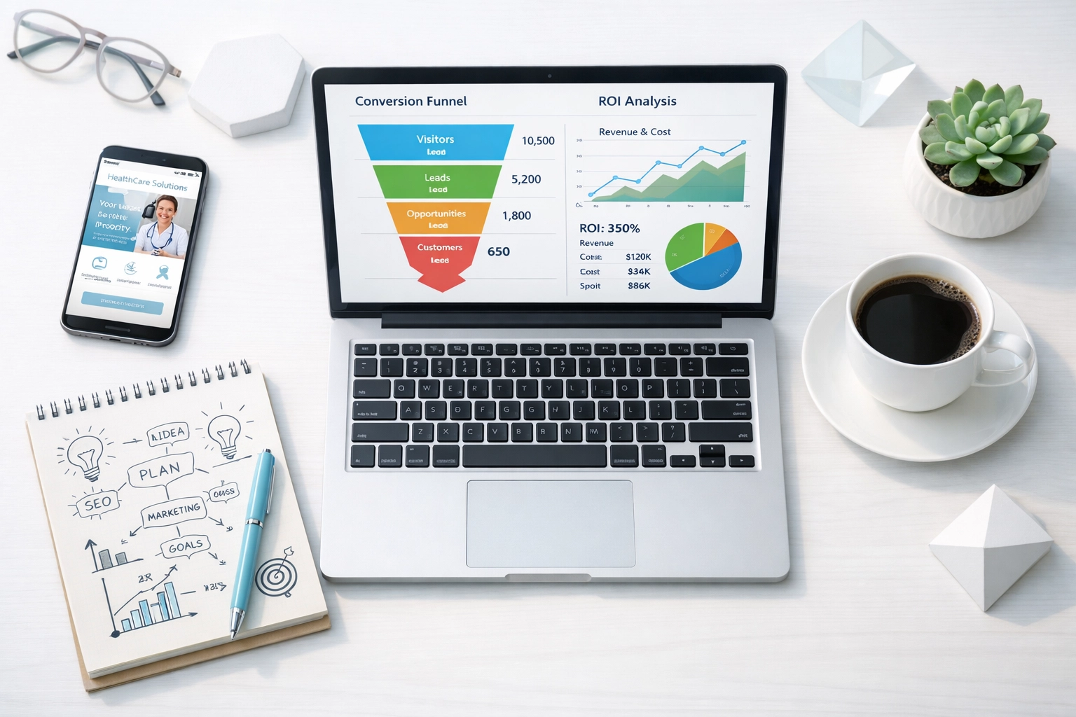 Healthcare marketing analytics dashboard tracking conversion rates and ROI metrics