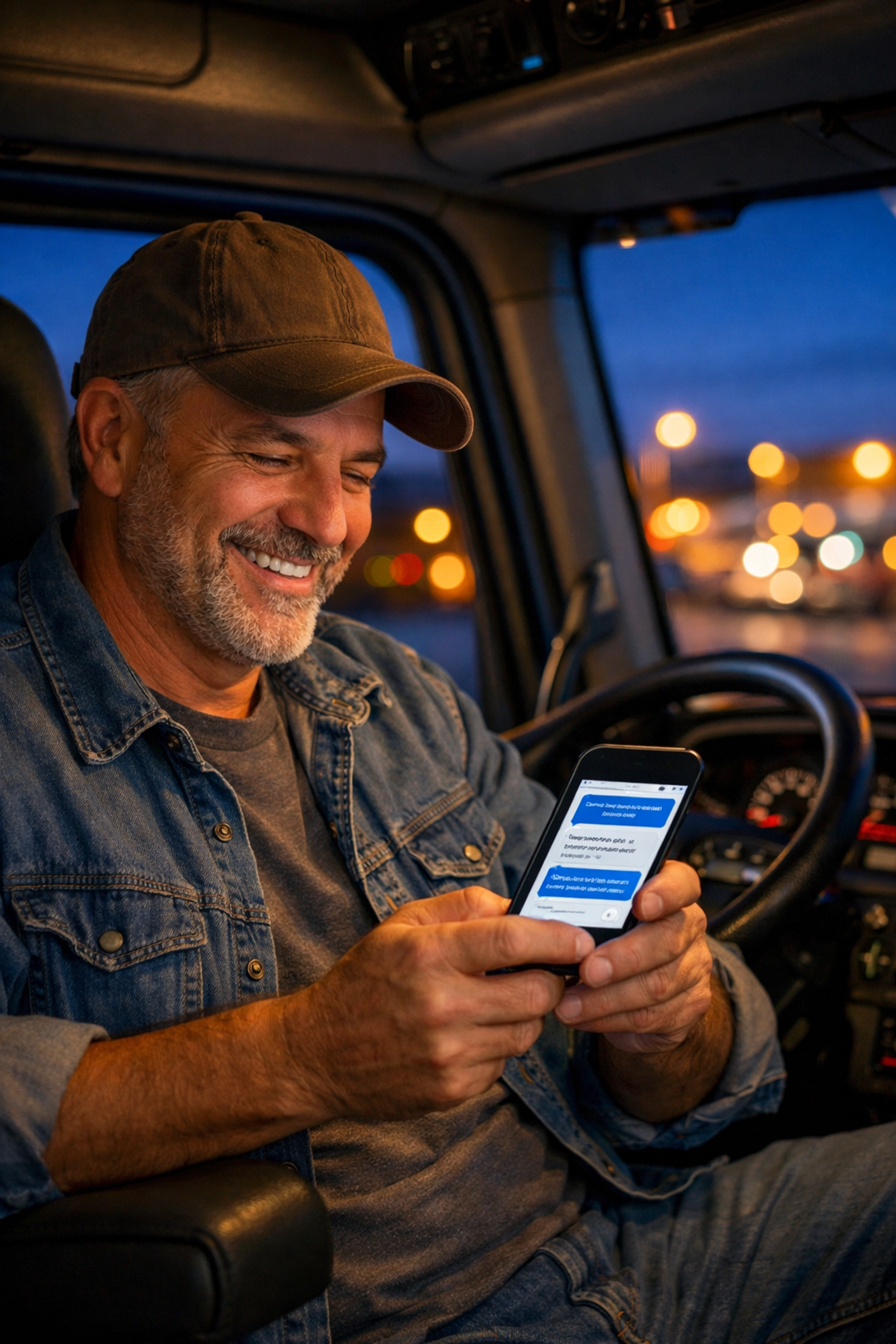 Truck driver using 24/7 telehealth messaging on a smartphone from his vehicle cab.