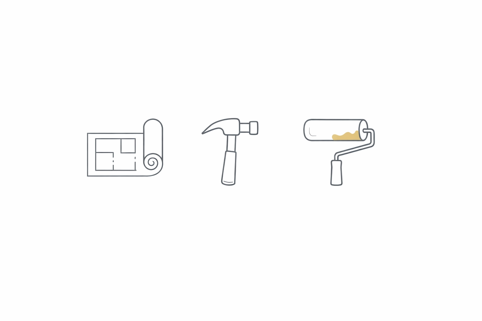 Minimalist icons for blueprint planning, repairs, and painting phases of a Yaletown condo renovation.