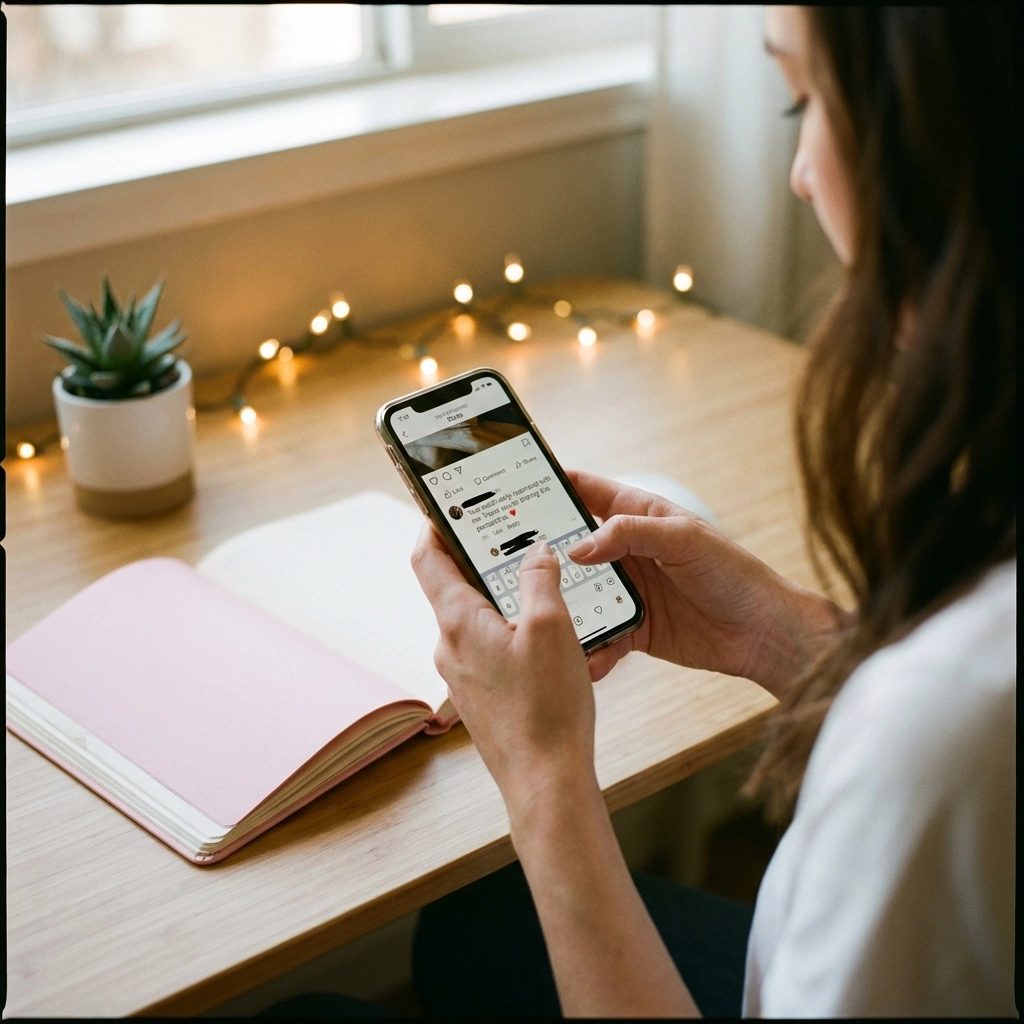 Woman commenting on social media from a cozy desk, highlighting meaningful digital interaction and community engagement.