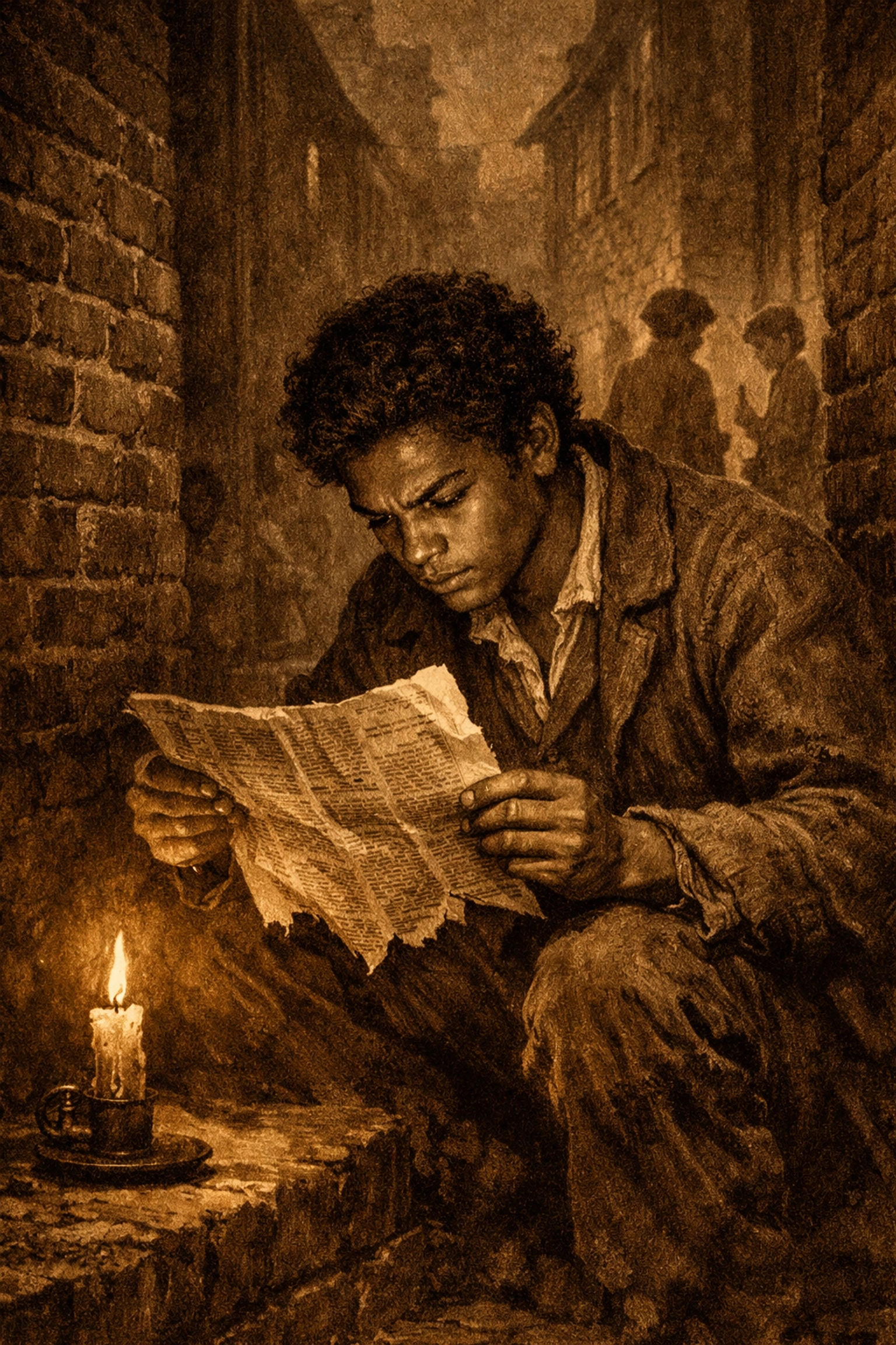 Young Frederick Douglass learning to read by candlelight in 1830s Baltimore