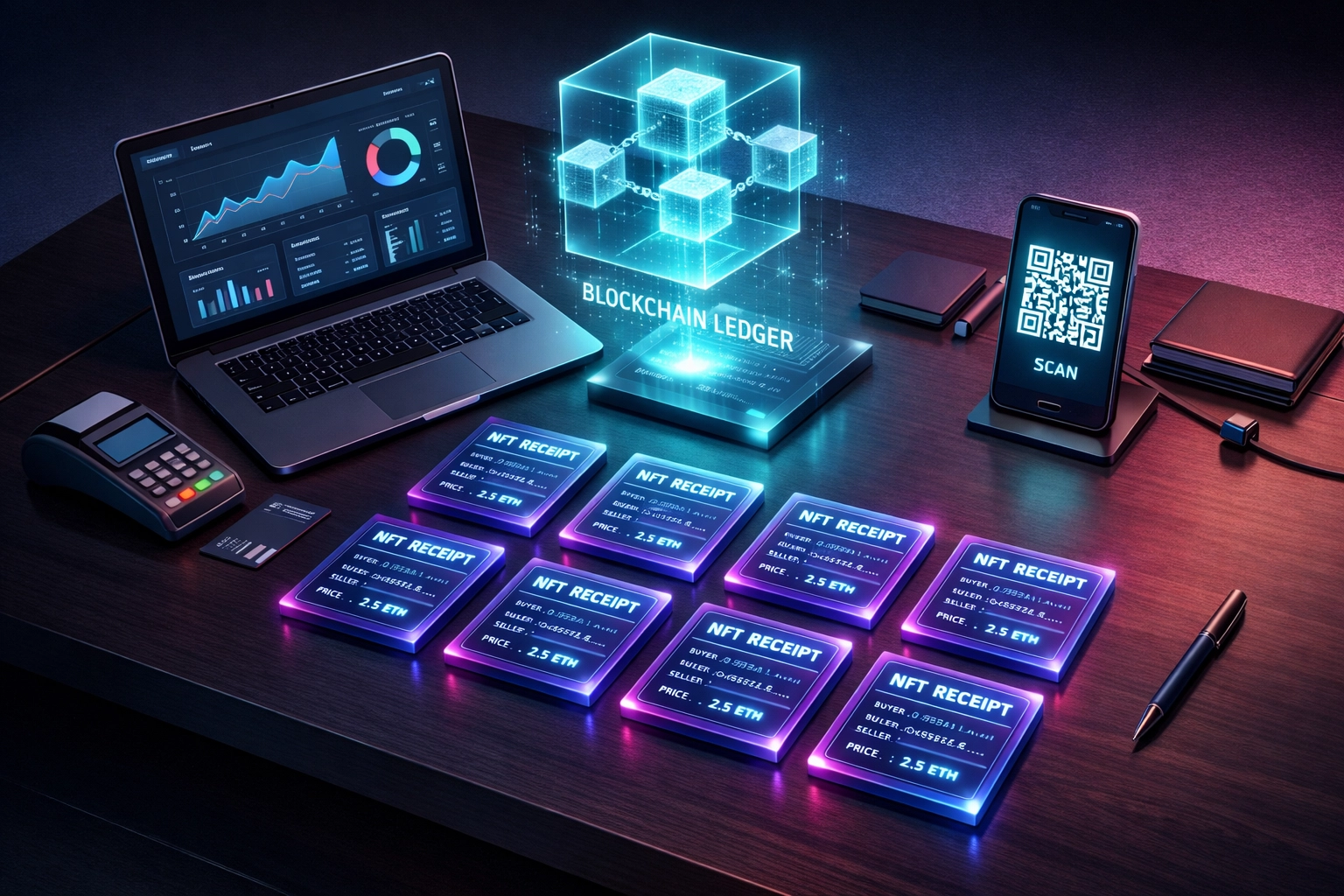 NFT receipt cards for merchant accounting with blockchain transaction ledger