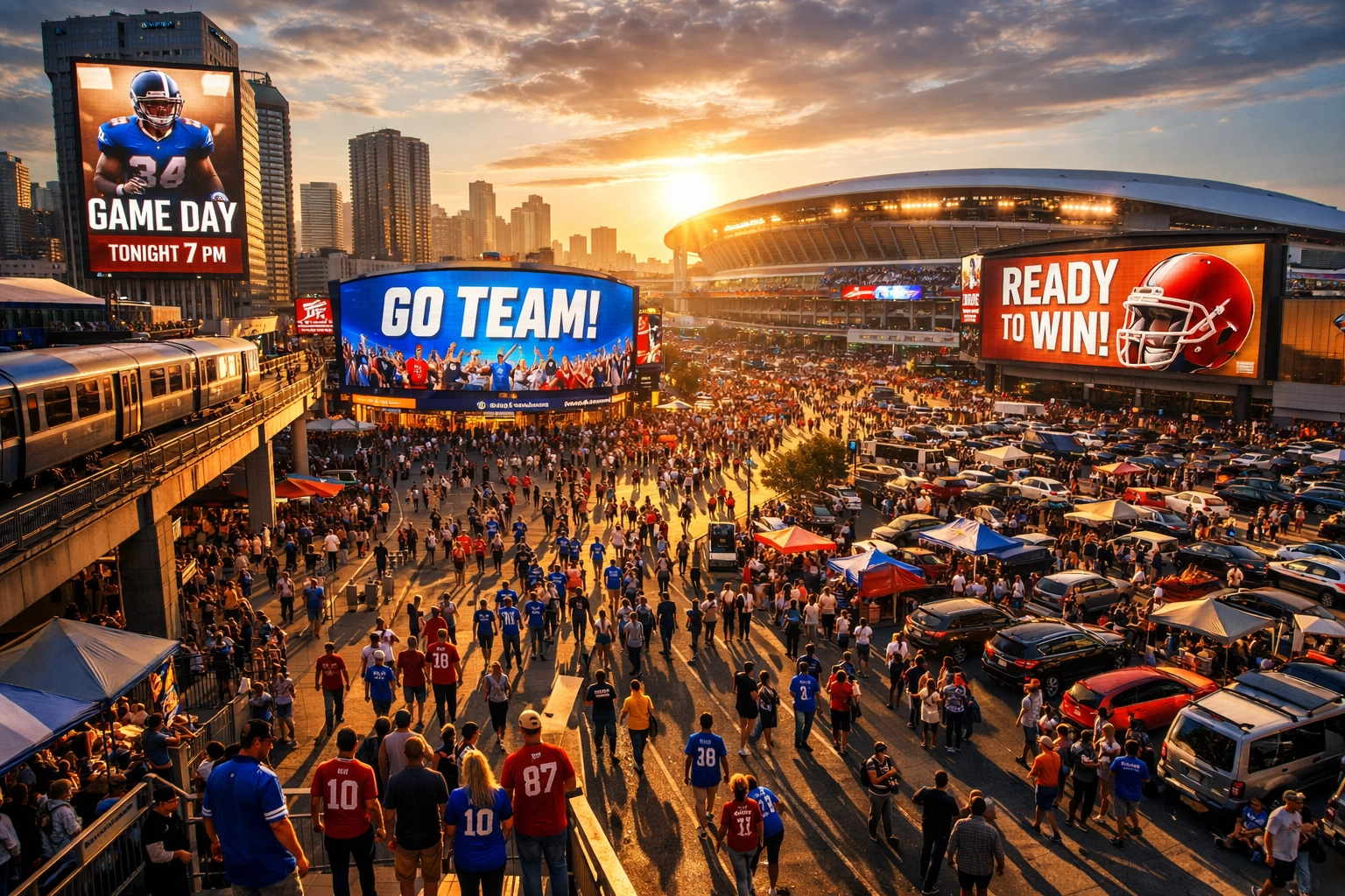 Sports fans walking toward stadium with digital OOH advertising billboards on game day