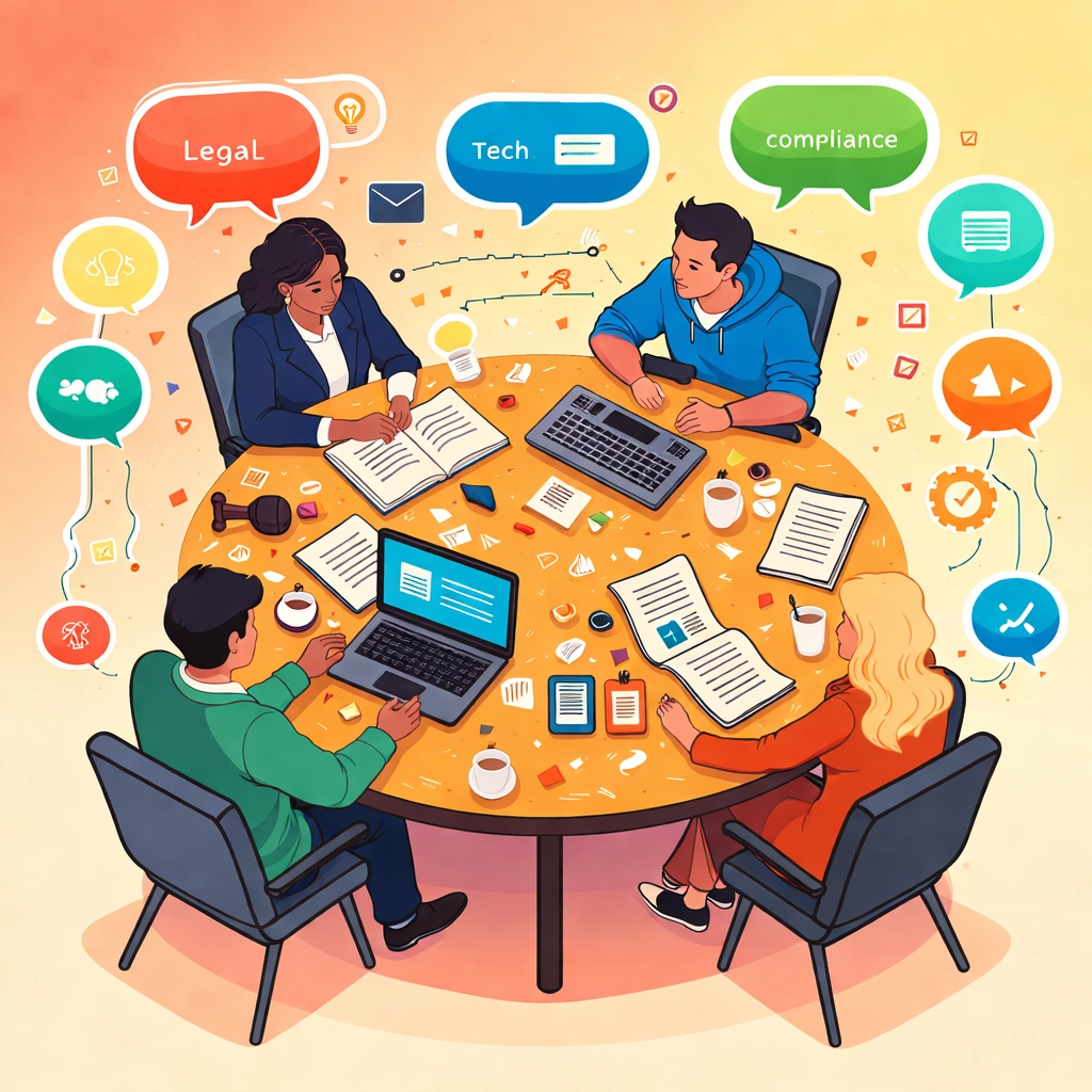 Diverse business team collaborating at a round table to highlight cross-functional AI governance communication