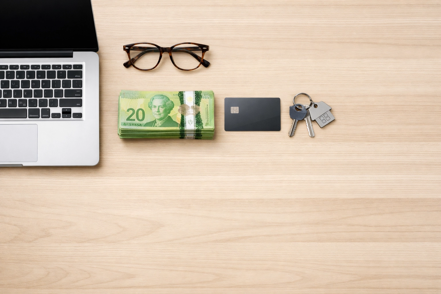 Stack of Canadian cash and laptop illustrating an easy 1000 dollar installment loan process.