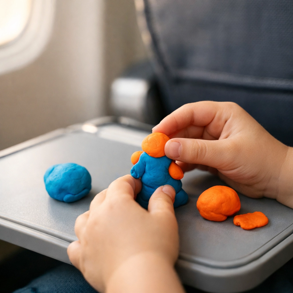 A child playing with modeling clay on an airplane tray table to stay entertained during a flight.