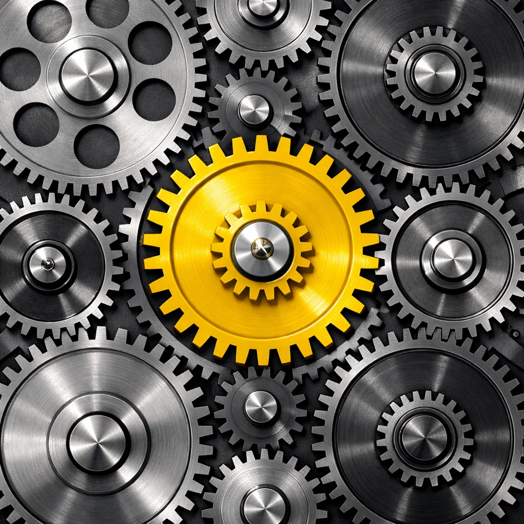 Interlocking gears symbolizing a synchronized marketing ecosystem and business scalability.