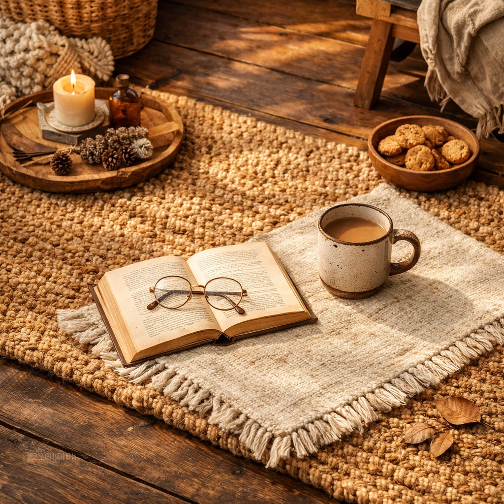 Layered natural fiber rugs featuring a woven jute base and soft hemp overlay on wood floors.
